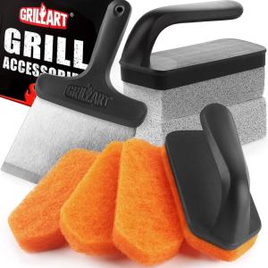 imageGRILLART Griddle Cleaning Kit for Blackstone Flat Top Grill Cleaning Kit with Grill Stone Griddle Scraper Scouring Pad and Handles Multifunctional Griddle Accessories for Rusty Grills OrangeBSK02