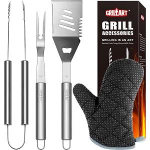 imageGRILLART Grill Tools Grill Utensils Set  3PCS BBQ Tools Stainless Barbeque Grill Accessories SpatulaTongsFork wInsulated Glove Ideal BBQ Set Grilling Tools for Outdoor Grill Gifts for Men DadBlack