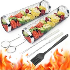 imageGRILLART Grilling Basket  2PCS for Barbecues Cooking Round Stainless Steel Mesh Design Ultimate Grilling Accessory Portable Outdoor Camping BBQ Rack  Large Size118x354 inchL2 Stainless Steel