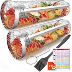 imageGrill Basket Set  2 PCS Stainless Steel Rolling Grilling Baskets for BBQ Ideal for Cooking Meat French Fries and Vegetables on Camping or Outdoor Barbecue  XXXL Size 454 Top Diameter