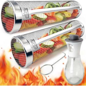 imageUpgraded Grill Basket 2 Pcs Size XXL Dishwasher Safe Rolling Grilling Baskets for Outdoor Grilling Stainless Steel BBQ Grill Basket for Veggies Grill Nets Cylinder Gifts for MenDadXXL 2