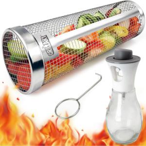 imageUpgraded Grill Basket 2 Pcs Size XXL Dishwasher Safe Rolling Grilling Baskets for Outdoor Grilling Stainless Steel BBQ Grill Basket for Veggies Grill Nets Cylinder Gifts for MenDadXXL 1